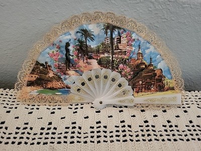 Vintage Lloret De Mar Spain Souvenir Fabric and Gold Lace Folding Hand Fan 9''×5''