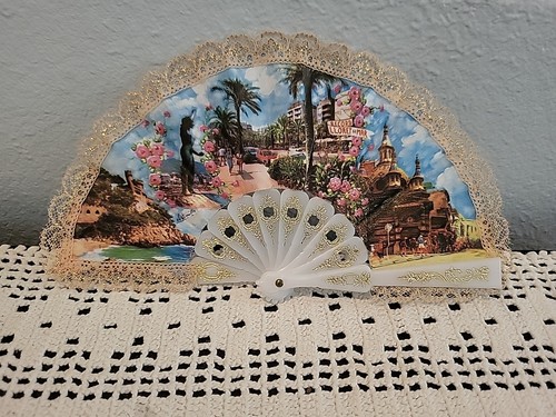 Vintage Lloret De Mar Spain Souvenir Fabric and Gold Lace Folding Hand Fan 9"×5"