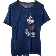 Disney Parks Mickey Mouse Ringer T-Shirt Navy Blue Burnout Graphic Tee Adult Sm