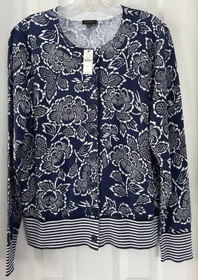 NWT NEW SUMMER TALBOTS SZ LARGE CAPRI ROSE CHARMING CARDIGAN SWEATER NAVY $109
