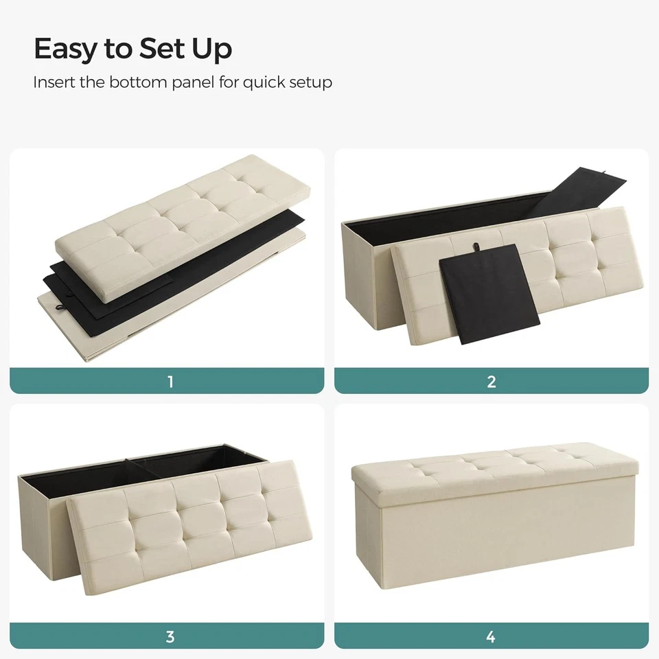 Cream White Storage Ottoman Bench 110cm Folding Seat Footstool End-of-Bed - Image 3 of 4