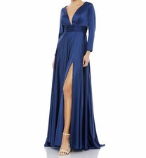NEW MAC DUGGAL Long Sleeve A-Line HIGH SLIT GOWN DRESS Size 2 $398 MIDNIGHT BLUE