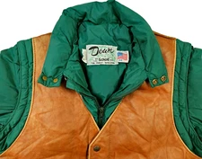 *HOT VTG Men's SCHOTT SPORTS QUILTED DOWN PUFFER GREEN BROWN LEATHER Jacket 44 M