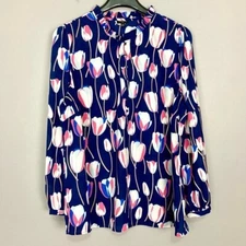 Talbots Tulips Ruffle-Trim Popover Blouse Women’s Size 2X Balloon Sleeves Floral