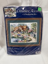 Vintage 1999 Finished Needlepoint Canvas County French Cottage Bridge Flowers