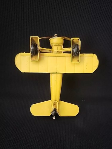 VINTAGE STYLE Yellow Metal Bi-Wing Airplane FIGURINE TOY Single Engine AIRCRAFT - Picture 9 of 15