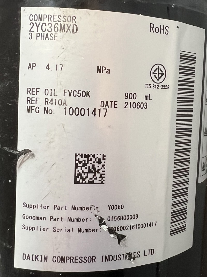 Daikin Heat Pump Compressor 2YC36MXD Goodman AVXC200241 3PH 220V