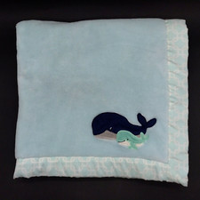 Carter's Whale Baby Blanket Satin Trim Aqua Nautical Geometric Fish