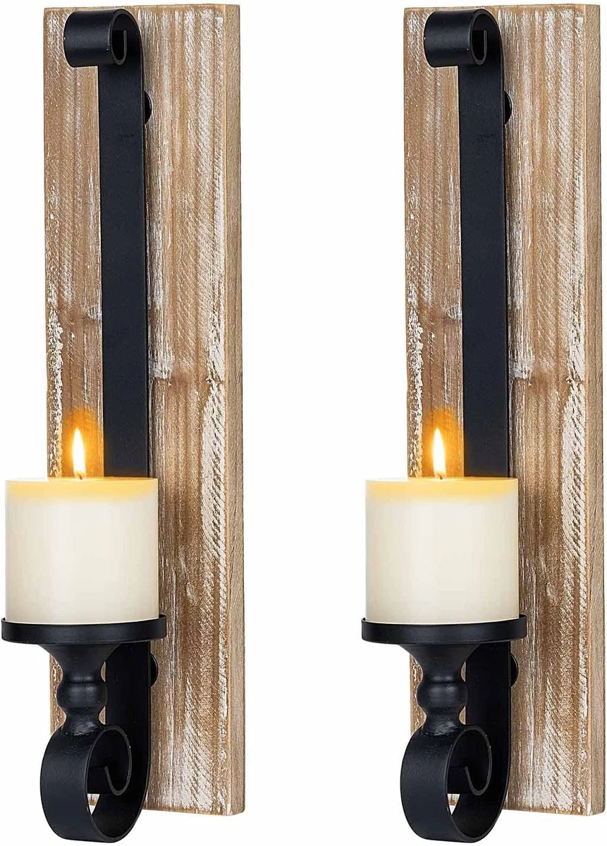 Wall Sconce Candle Holder (Set of 2) Black Wall-Mount Metal and Wooden