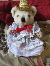 Vintage Jointed Stuffed Teddy Bear Plush Country Picnic dress straw hatEUC