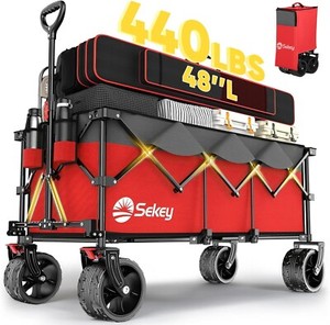 Heavy Duty 440LBS  Folding Wagon  Large for Beach Camping Yard Hauling, Red