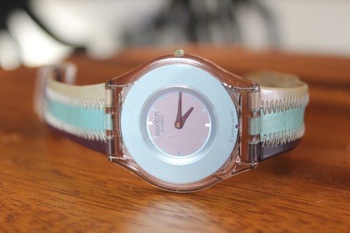 swatch skin ag2002 purple and light blue stiched leather band