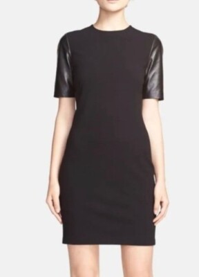 Vince Knit Sheath Knit Dress Short Leather Sleeves Black Size 2 | eBay