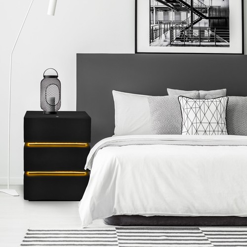 Mesita de noche moderna de cuero y madera maciza con tira de luz LED 2/3 cajones muebles - Imagen 7 de 14