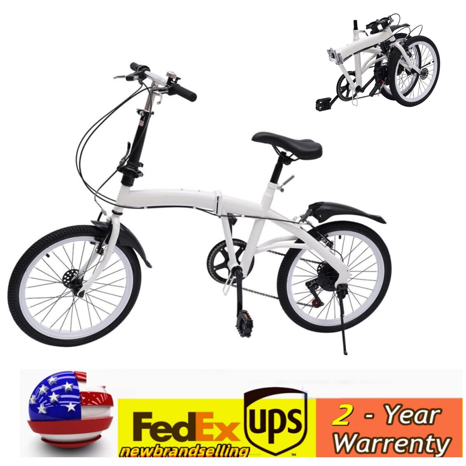 20" Folding Adult Bike White 6 Speed Shifter Bicycle Double V-brake Folding Bike