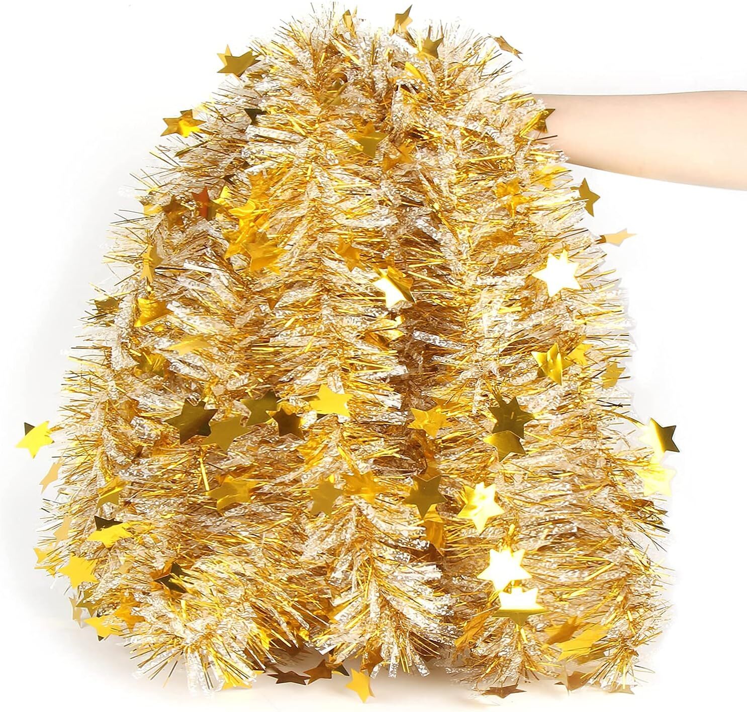 LOMIMOS 32.8 Ft Christmas Tinsel Garland, White Gold Glittering