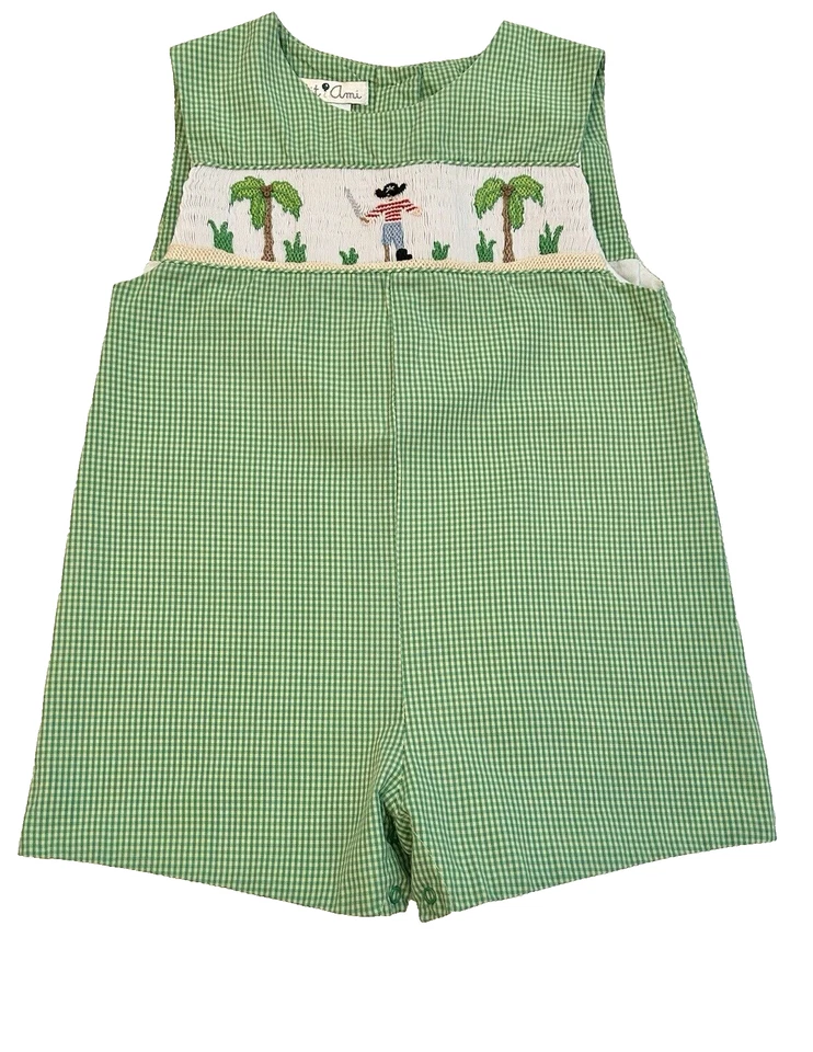 Smocked Romper Green Mini Check Embroidered Pirate Palm Trees Toddler Boy 18M - Image 3 of 4