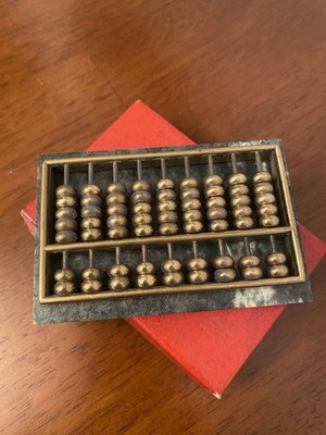 Vintage Brass(Abacus)Mini Calculator Or Paperweight 3.5 X 2.25 Green Marble Base