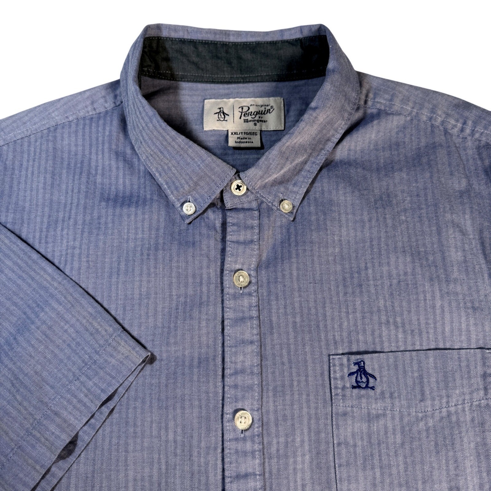 Original Penguin Mens Short Sleeve Button Down Shirt Blue Herringbone XXL
