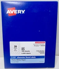 Avery 94506 Labels~1.5” Round Labels -2000- White~PrestaLaser/ Inkjet~100 Sheets