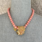Vintage AVON 80's Jewelry Pink Beaded Necklace Gold Enamel Pendant Art Deco