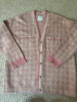 Sandro Paris Kimberly Pink Houndstooth Button Cardigan