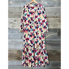 Chicos Braid Detail Ikat Midi Dress XL 16 Long Sleeve Tiered Boho Resort Flowy