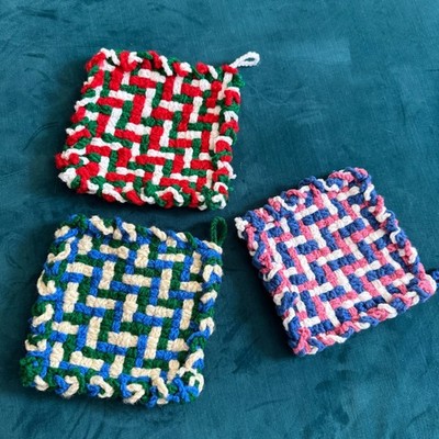 Vintage Hand Crocheted/Woven Potholders Trivets Set 3 Multi Color Cotton Loops