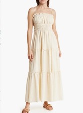 ASTR the Label Cream Smocked Layered Midi Dress Straight Neck Spaghetti Strap M