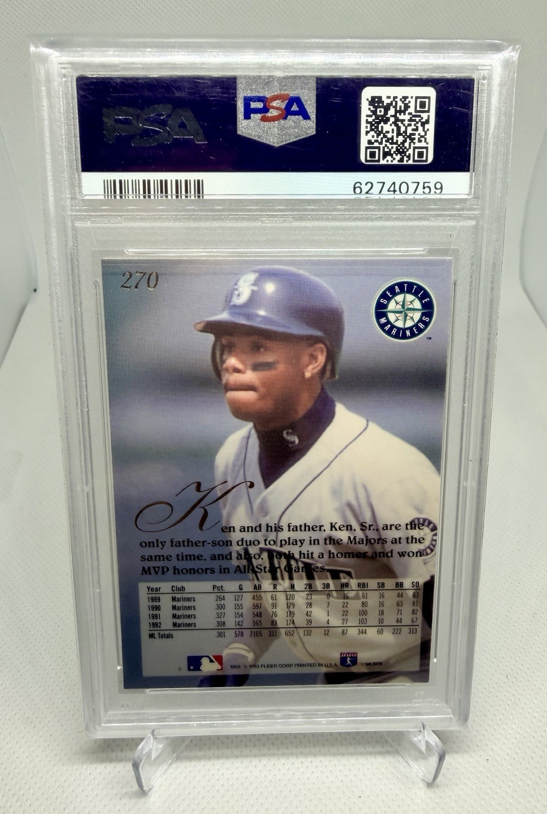 1993 Flair Ken Griffey Jr #270 1st Year Flair PSA 10 GEM MINT view 2