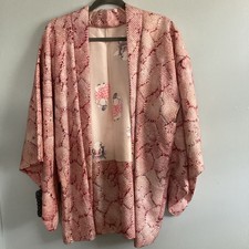 Handmade Pink Silk Haori Kimono Unisex Adult One Size with Patterned Lining