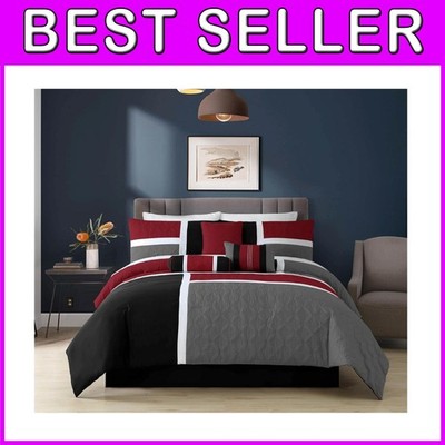 Geometric 7-Piece Comforter Set in Luxurious Red/Gray/Black - California King