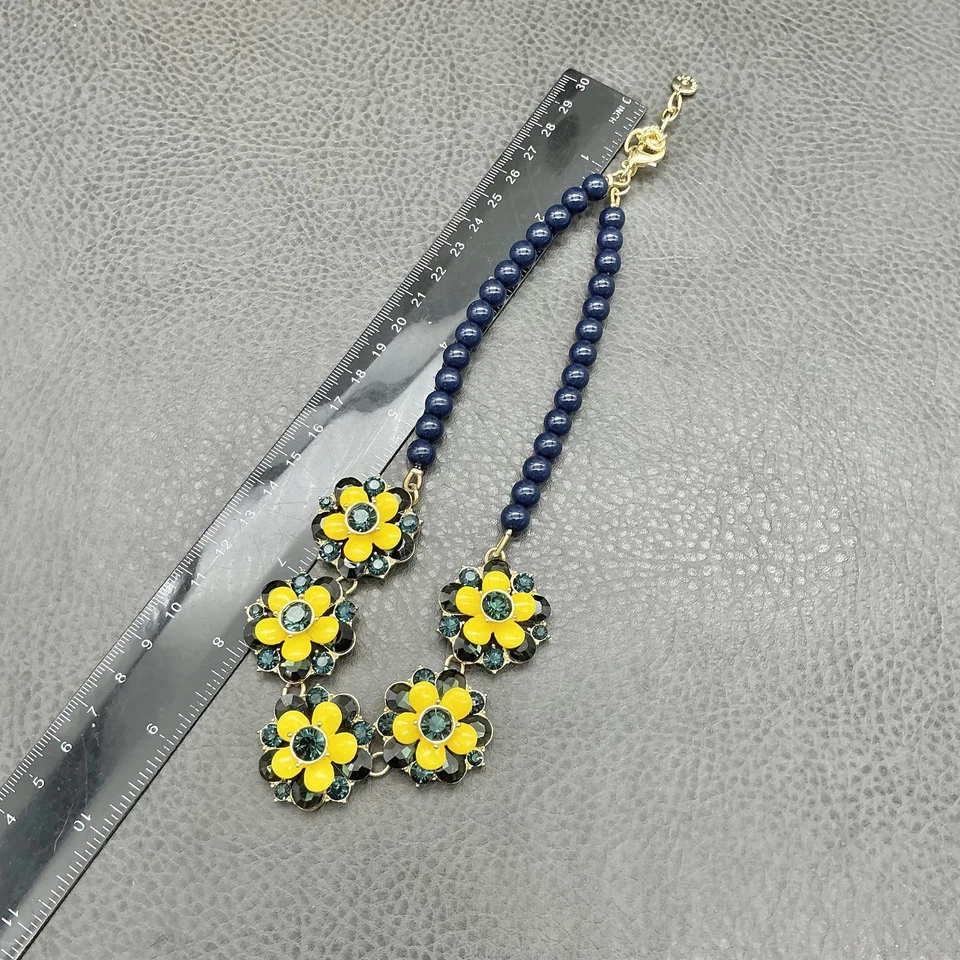 Collar babero Talbots floral llamativo diamantes de imitación amarillos tono dorado cuentas azules Foto 3 de 4