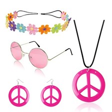 Hippie Costume Party Accessories Peace Sign Necklace Earrings Flower Crown