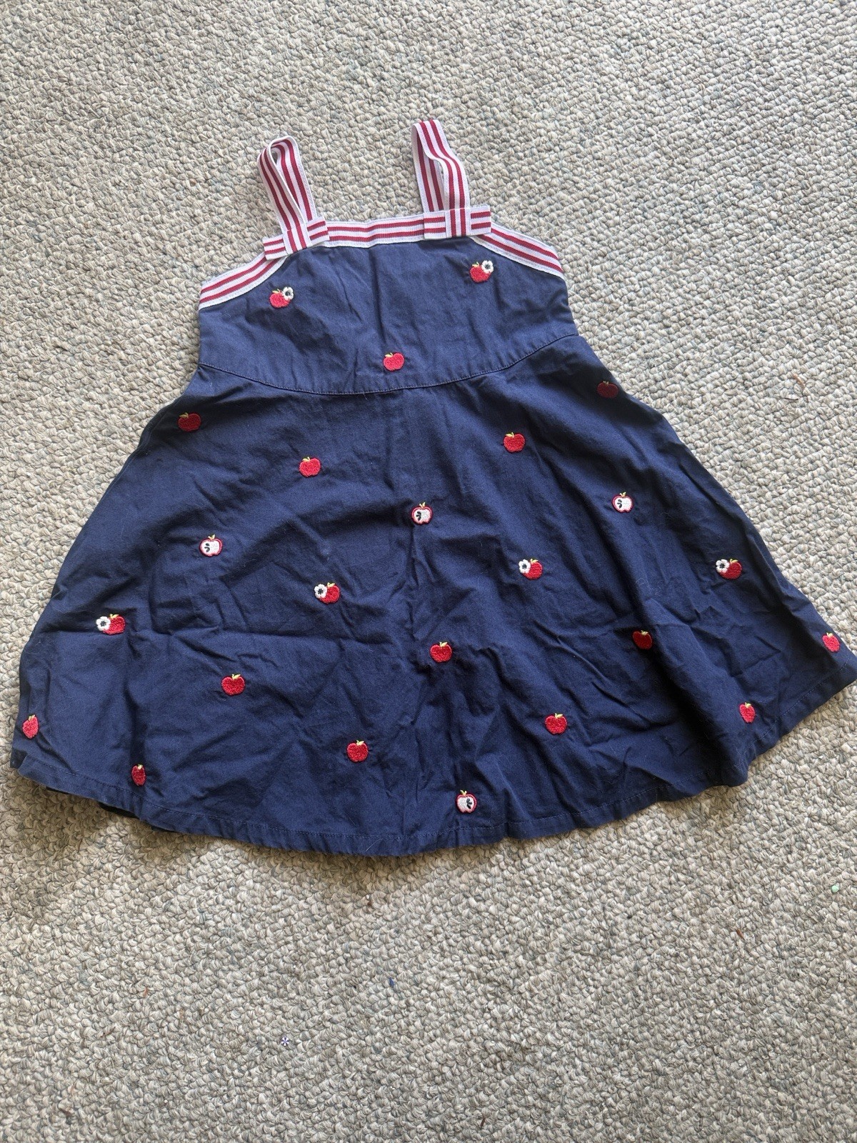 Gymboree Girls Navy Apple Embroidered Sundress Striped Straps Knee Length 3T