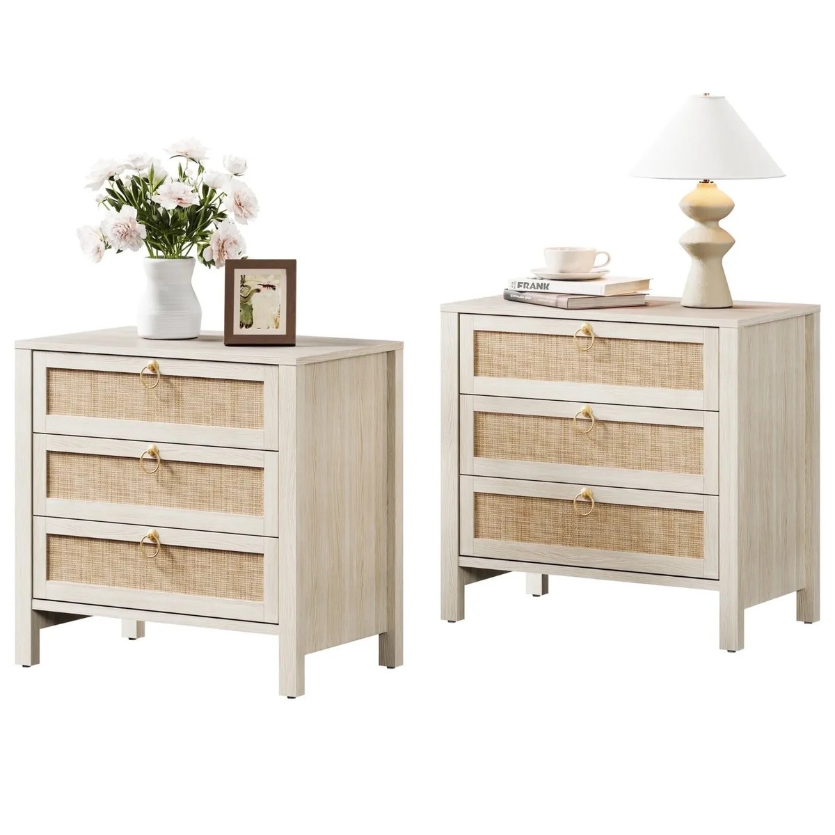 SICOTAS 26.78"W White Nightstand 3 Drawer Dresser Set of 2, Boho Night Stands | eBay SICOTAS 26.78"W White Nightstand 3 Drawer Dresser Set of 2, Boho Night Stands | eBay