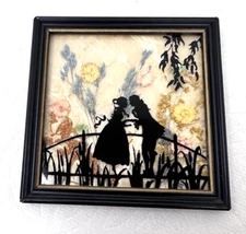 Vintage Silhouette Picture Victorian Couple On Bridge Pressed Flowers 4” X 4”
