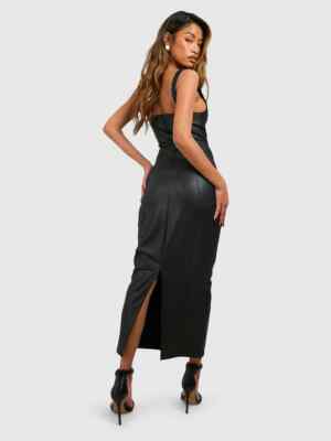Women Black Matte Leather Tank Dress Back Hem Split PU Slim Square Neck  Dress | eBay