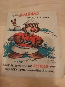 Cartoon Bear Husband Birthday  Card Vintage Hallmark Card 1940's - 1950's