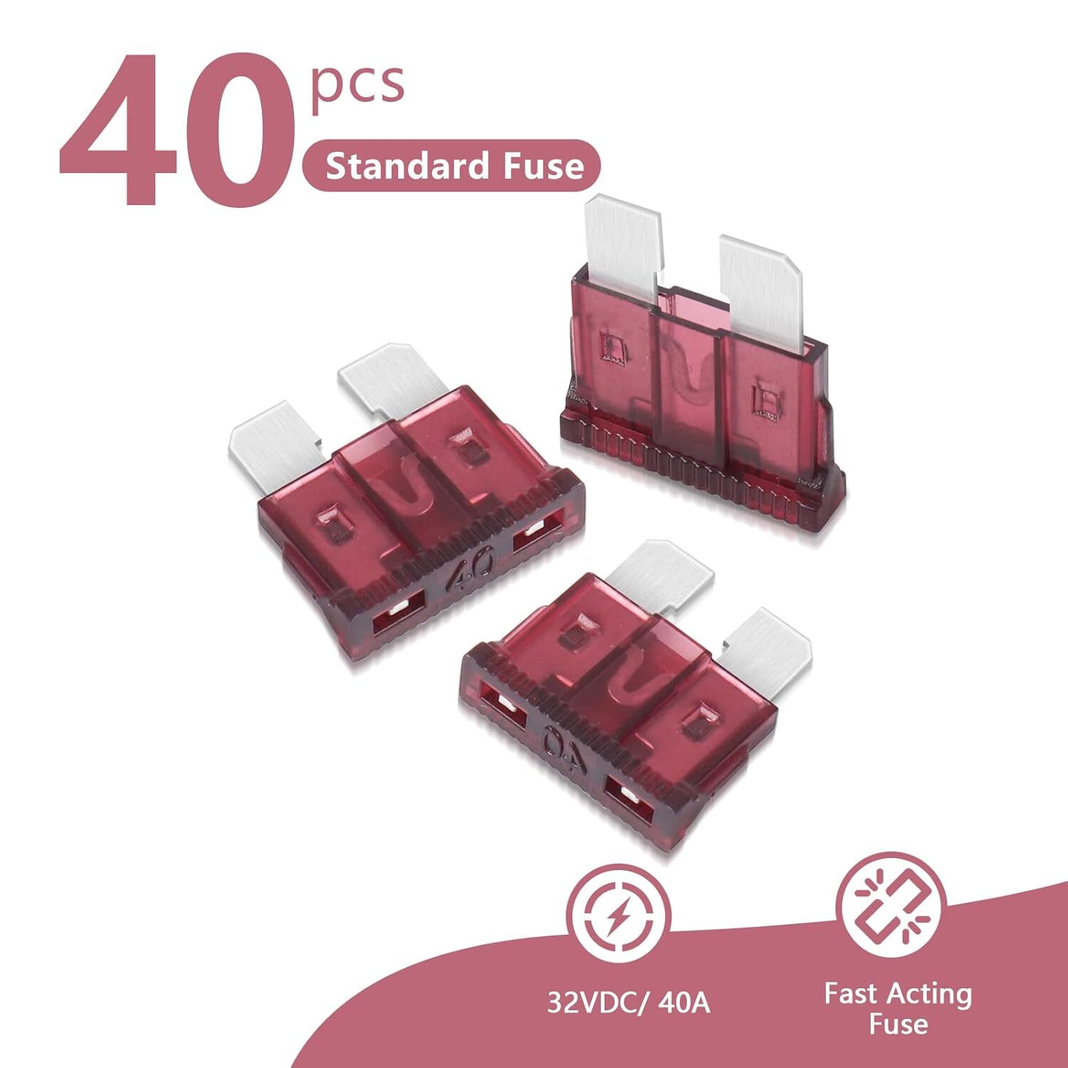 (40Pcs) 40 Amp Standard Automotive Fuse, 40A 12V 24V 32V Car Blade Fuses ATO APR