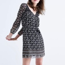 Madewell Woodland Artisan Floral Black Smocked Tassel Tie Dress 00 Boho 