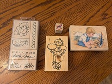 Lot of 9 Wood Mount Rubber Stamps- Baby Shower Newborn Teddy Bear Theme Boy Girl