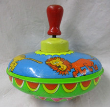 Vintage Metal Spinning Top with Red Wood Handle Litho Tin Toy