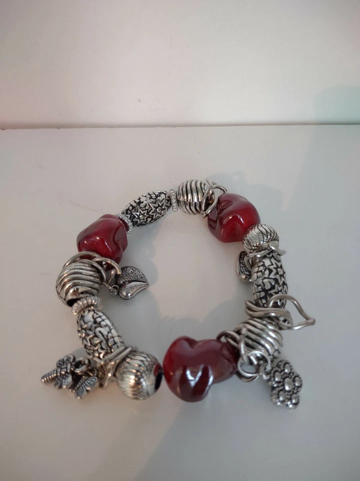 Pulseira Berloque Europeu Vintage Tom Prata 8" Contas Vermelhas Joias Faça Você Mesmo... - Imagem 2 de 2