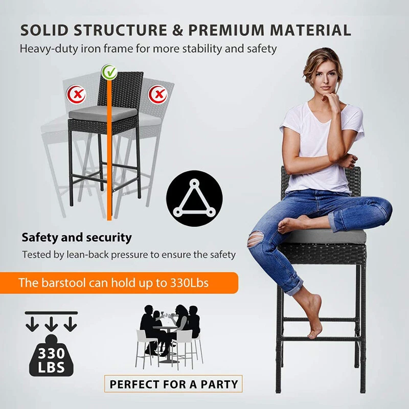 2pcs Outdoor Wicker Barstool Patio Rattan Furniture Bar Stools w/ Cushions Black - Image 4 of 4