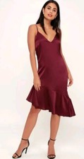 Satin Slip Dress Sz XS Burguandy Plum Lulus Bewitching Beauty Midi Asymmetric