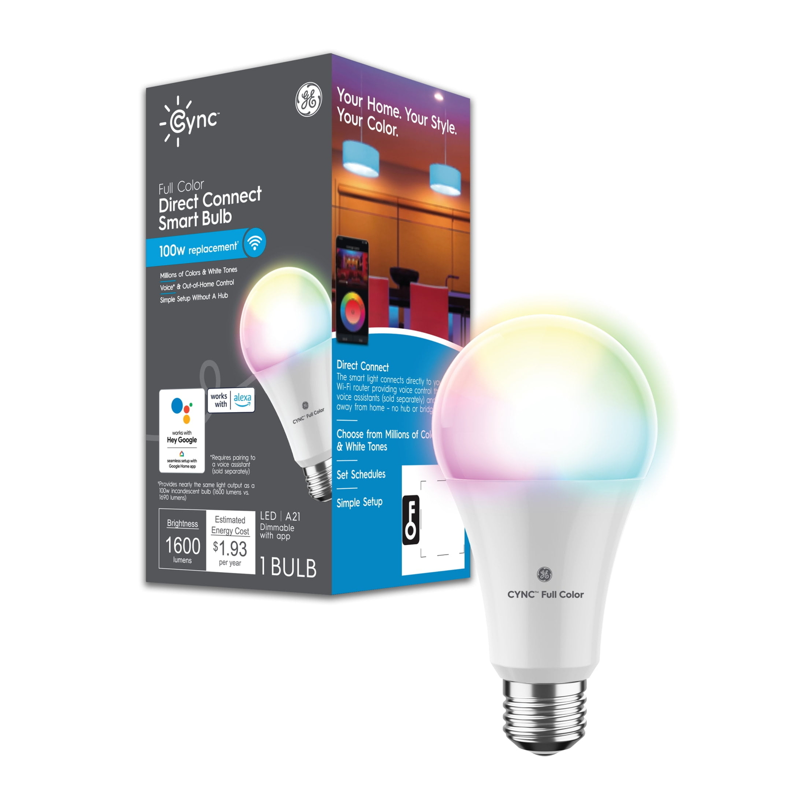 GE Cync A21 Smart LED Light Bulb, Color Changing Interior Decorative Light 100W