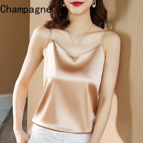 Lady Satin Tank Top Faux Silk Camisole Spaghetti Strap V Neck Solid Silky Summer - Picture 12 of 17
