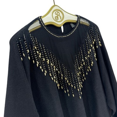 Vintage 80s Black Beaded Sweater Plus 3X Sheer Neckline Top Avant Garde Retro