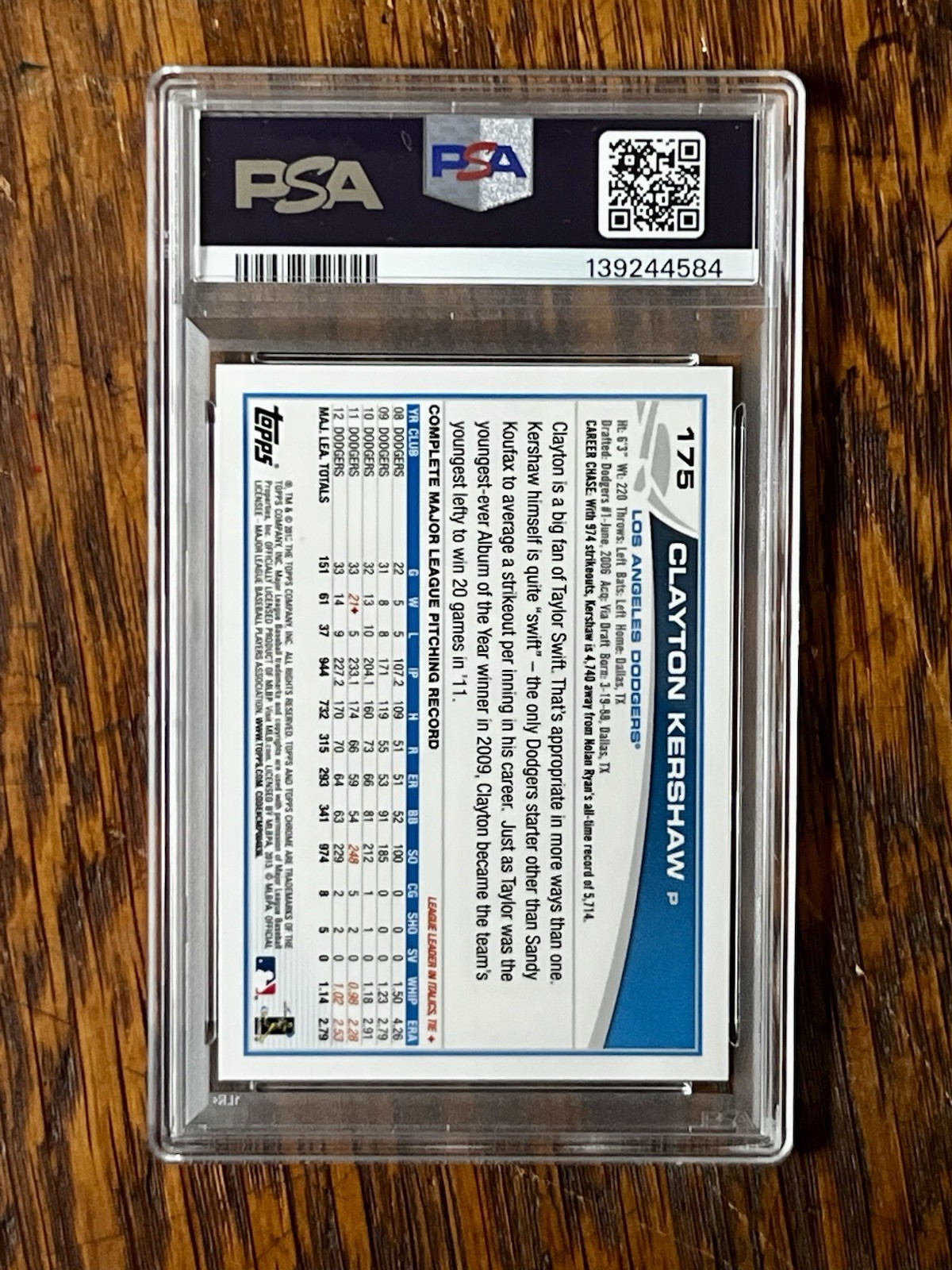 2013 Topps Chrome Clayton Kershaw #175 Los Angeles Dodgers PSA 10 GEM MT view 2